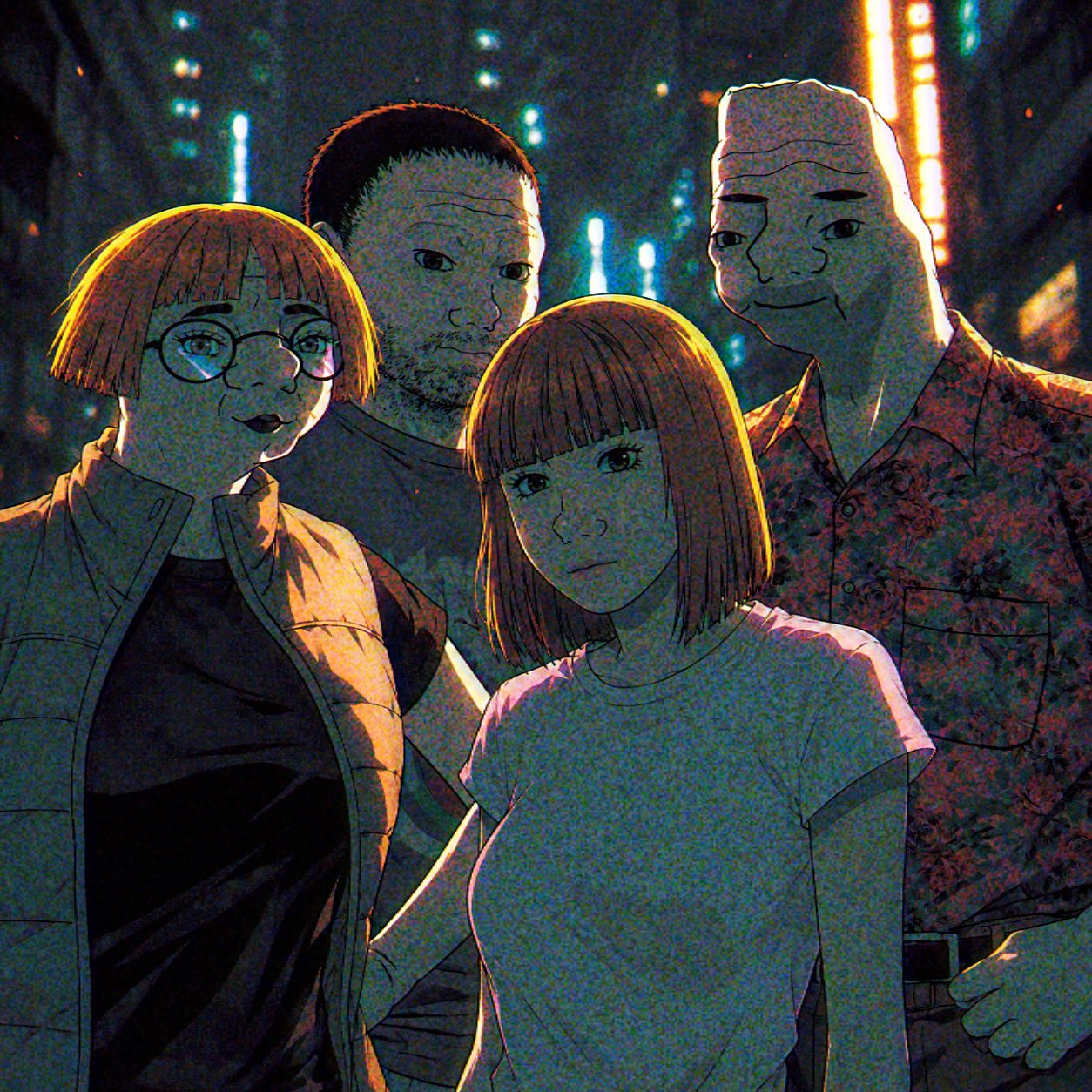 Anijak with friends under neon city lights