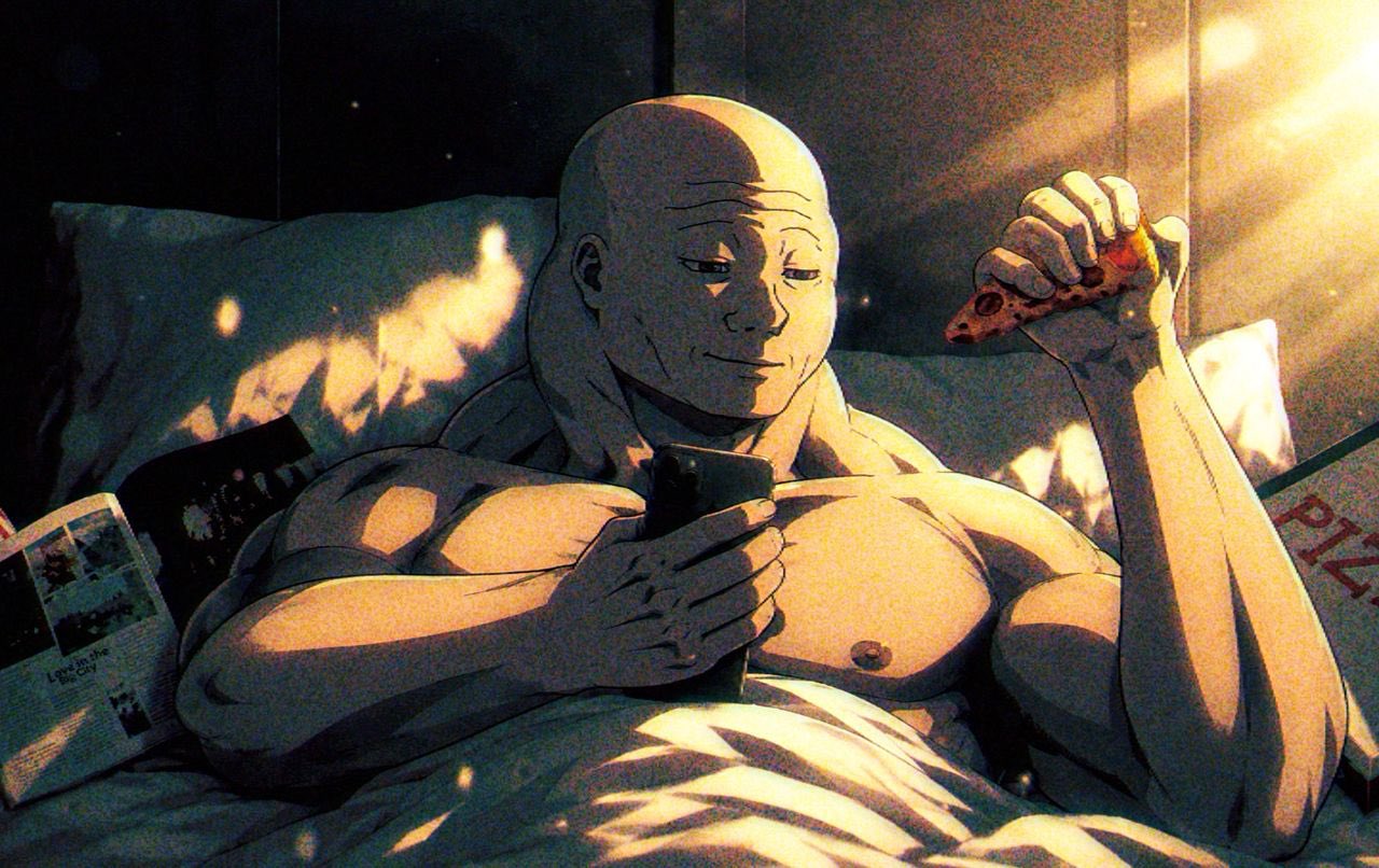 Anijak in bed with pizza and his phone at sunrise