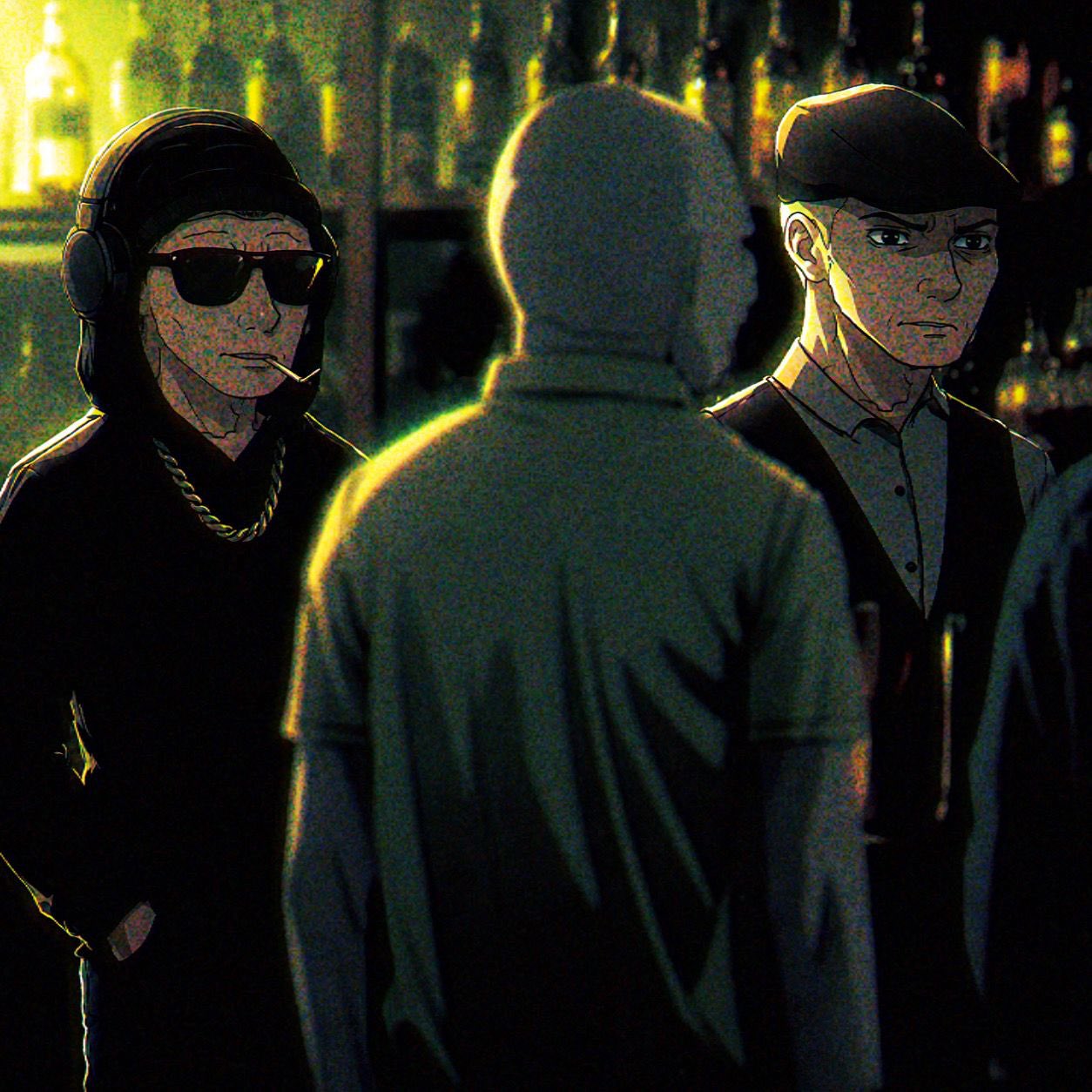 Anijak with friends in a dimly lit bar