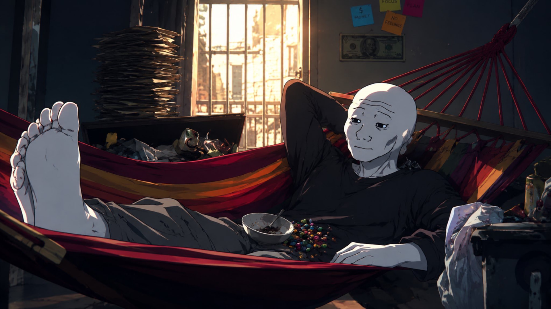Anijak lying in a hammock in a messy apartment