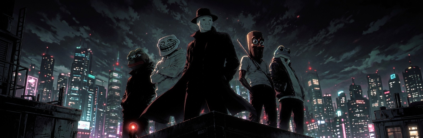 Anijak and other characters on a rooftop above a neon city