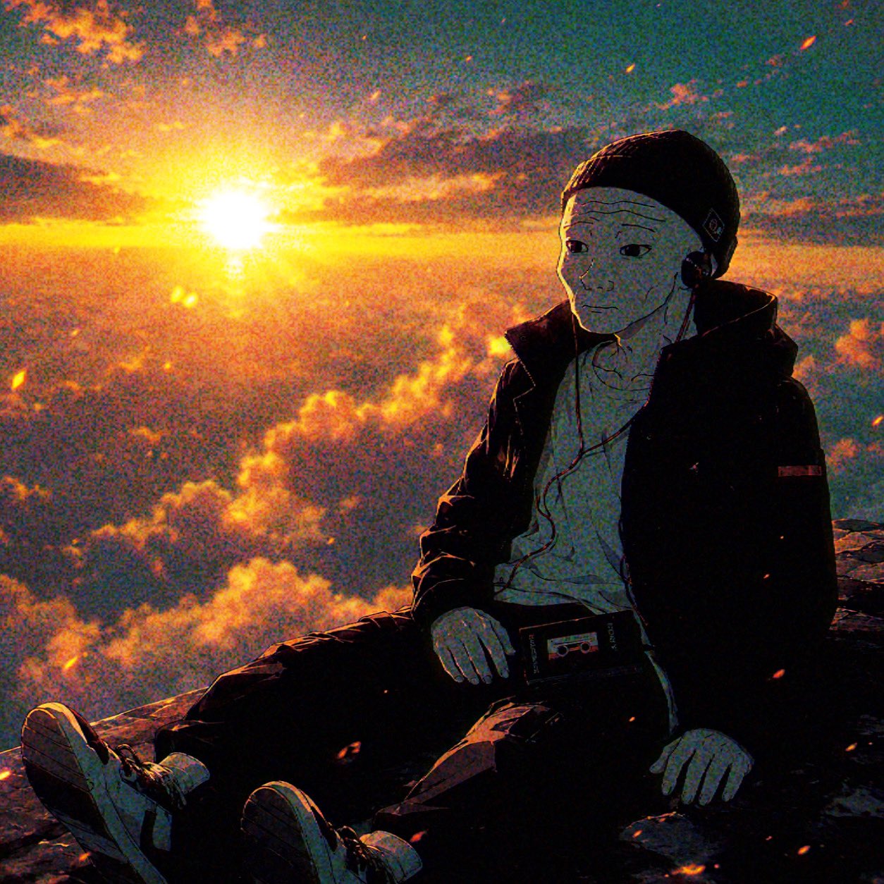 Anijak watching the sunset above the clouds with headphones